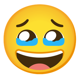 grinning face with smiling eyes and face holding back tears
