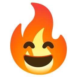 grinning face with smiling eyes and fire