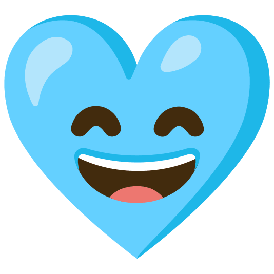 grinning face with smiling eyes and light blue heart