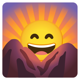 grinning face with smiling eyes and sunrise over mountains