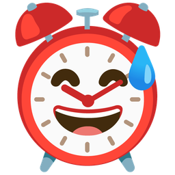 grinning face with sweat and alarm clock