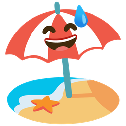 grinning face with sweat and beach with umbrella