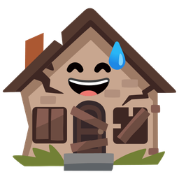 grinning face with sweat and derelict house