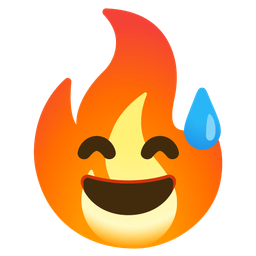 grinning face with sweat and fire