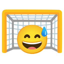 grinning face with sweat and goal net