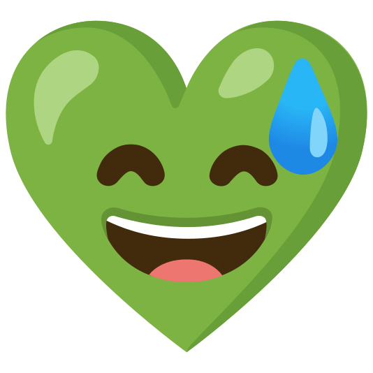Grinning face with sweat and Green heart