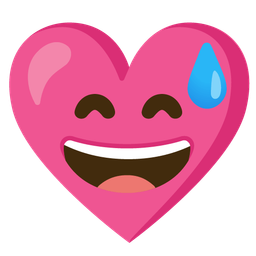 grinning face with sweat and heart with ribbon