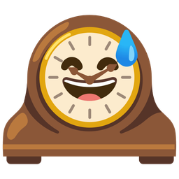 grinning face with sweat and mantelpiece clock