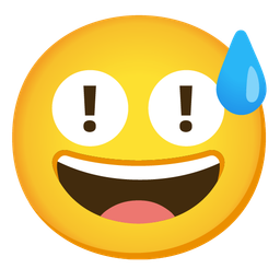 grinning face with sweat and red exclamation mark