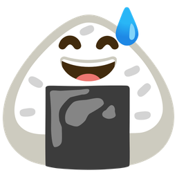 grinning face with sweat and rice ball