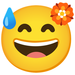 grinning face with sweat and rosette