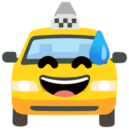 grinning face with sweat and taxi