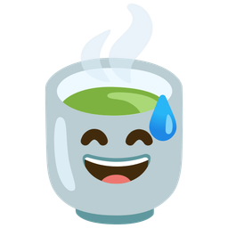 grinning face with sweat and teacup without handle
