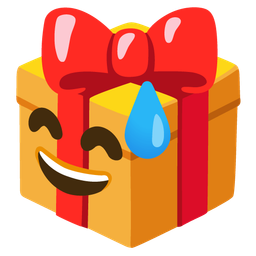 grinning face with sweat and wrapped gift