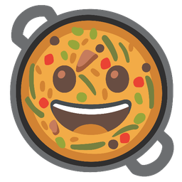 grinning face and shallow pan of food