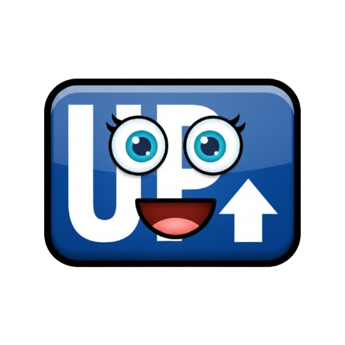 grinning face and UP! button