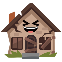 grinning squinting face and derelict house