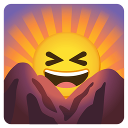 grinning squinting face and sunrise over mountains