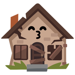 kissing face with smiling eyes and derelict house