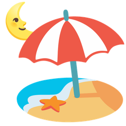 last quarter moon face and beach with umbrella