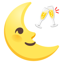 last quarter moon face and clinking glasses
