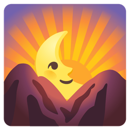 last quarter moon face and sunrise over mountains