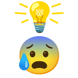 light bulb and anxious face with sweat