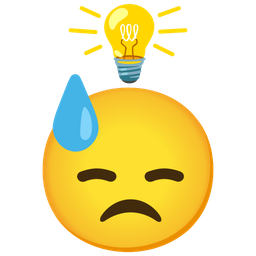 light bulb and downcast face with sweat