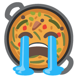 Loudly crying face and Shallow pan of food