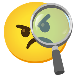 magnifying glass tilted right and angry face