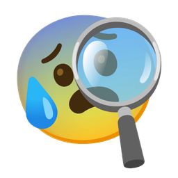 magnifying glass tilted right and anxious face with sweat