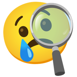 magnifying glass tilted right and crying face