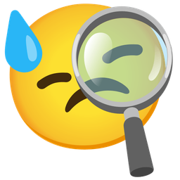 magnifying glass tilted right and downcast face with sweat