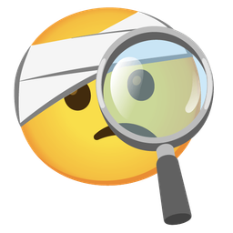 magnifying glass tilted right and face with head-bandage