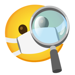 magnifying glass tilted right and face with medical mask