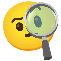 magnifying glass tilted right and face with raised eyebrow