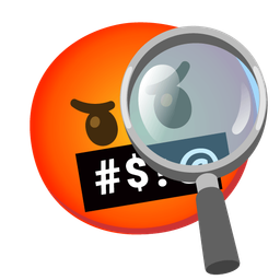 magnifying glass tilted right and face with symbols on mouth