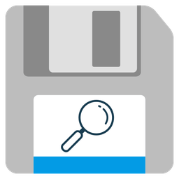 magnifying glass tilted right and floppy disk