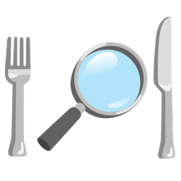 magnifying glass tilted right and fork and knife with plate