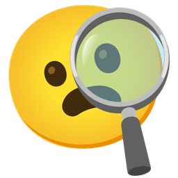 magnifying glass tilted right and frowning face with open mouth
