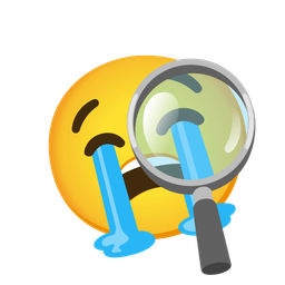 magnifying glass tilted right and loudly crying face