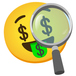 Magnifying glass tilted right and Money-mouth face