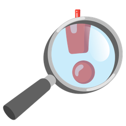 magnifying glass tilted right and red exclamation mark