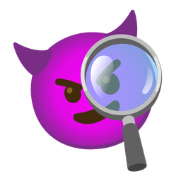 magnifying glass tilted right and smiling face with horns