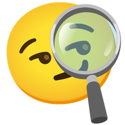 magnifying glass tilted right and smirking face