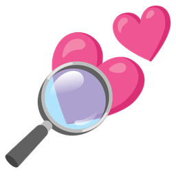 magnifying glass tilted right and two hearts