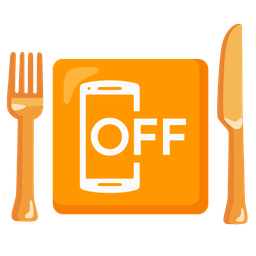 mobile phone off and fork and knife with plate