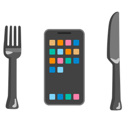 Mobile phone and Fork and knife with plate