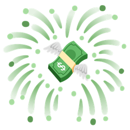 money with wings and fireworks