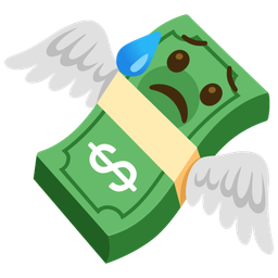 money with wings and sad but relieved face